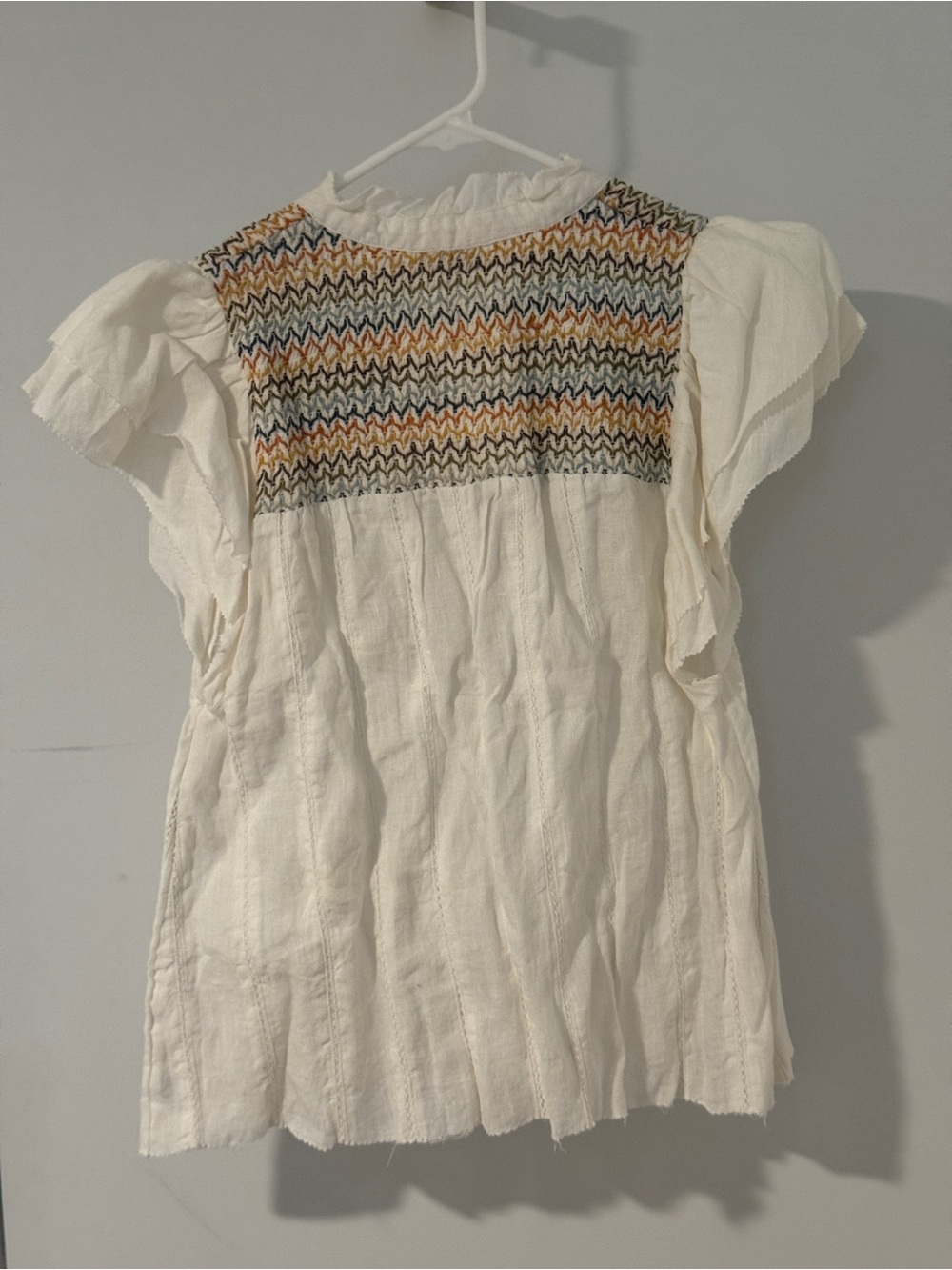 Faherty Ivory Embroidered Linen Top Sz S Boho Ruffle - Picture 5 of 6